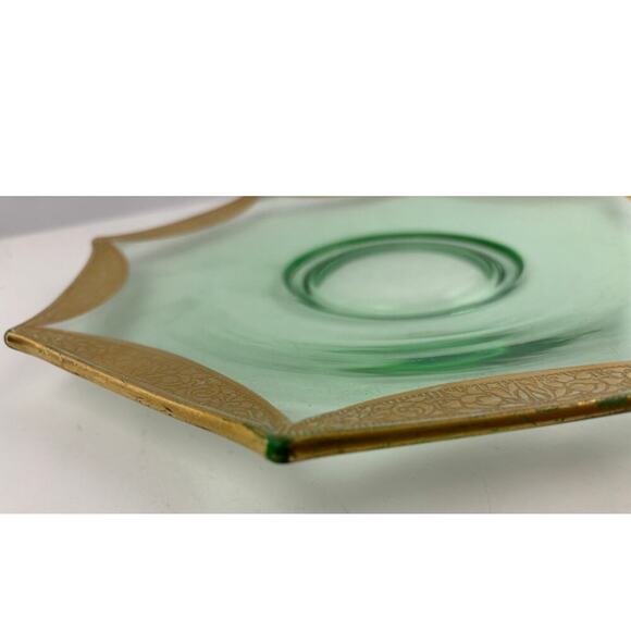 VTG Green Depression Octagon Glass Plate Glassware Floral Gold Trim - Picture 11 of 12